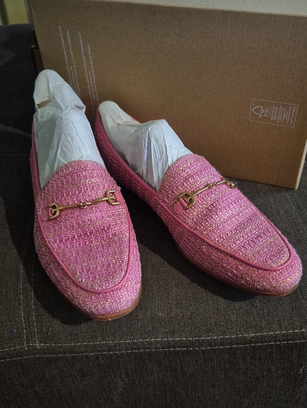Sam Edelman Pink Tweed Slip-On Loafers with Gold Bit 9.5